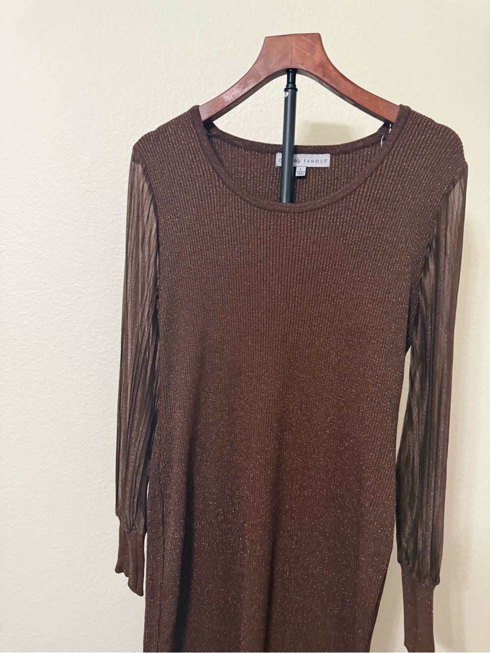 Bronze Metallic Long-Sleeve Knit Dress Top
